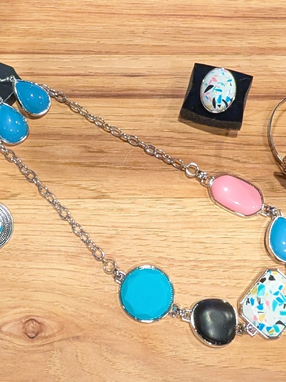 Multistone Turquoise & Pink Statement Necklace Bracelet Earrings And Ring Set